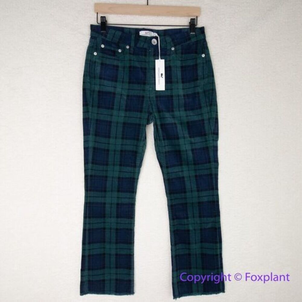 New! Vineyard Vines green plaid high rise kick flare pants flannel Christmas, 29